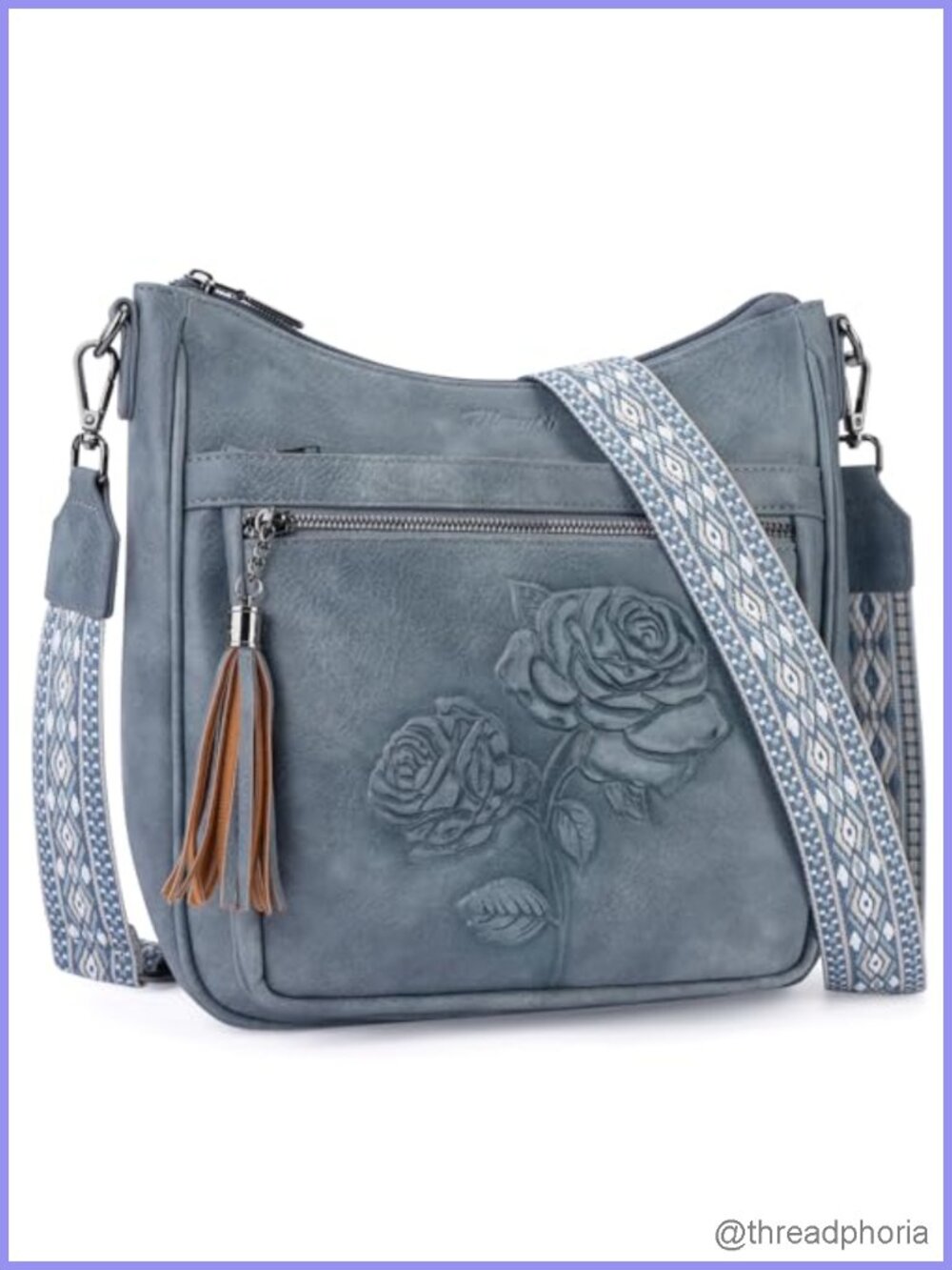 Vegan Leather Hobo Crossbody Bag Embossed Floral